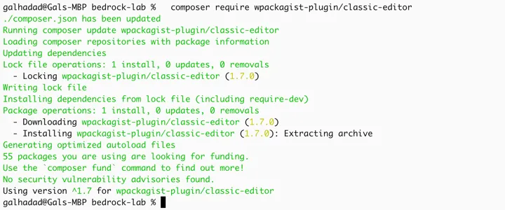 צילום מסך של פלט הפקודה composer require בטרמינל, השורה שנוספת ל-composer.json והגרסה שננעלת ב-composer.lock