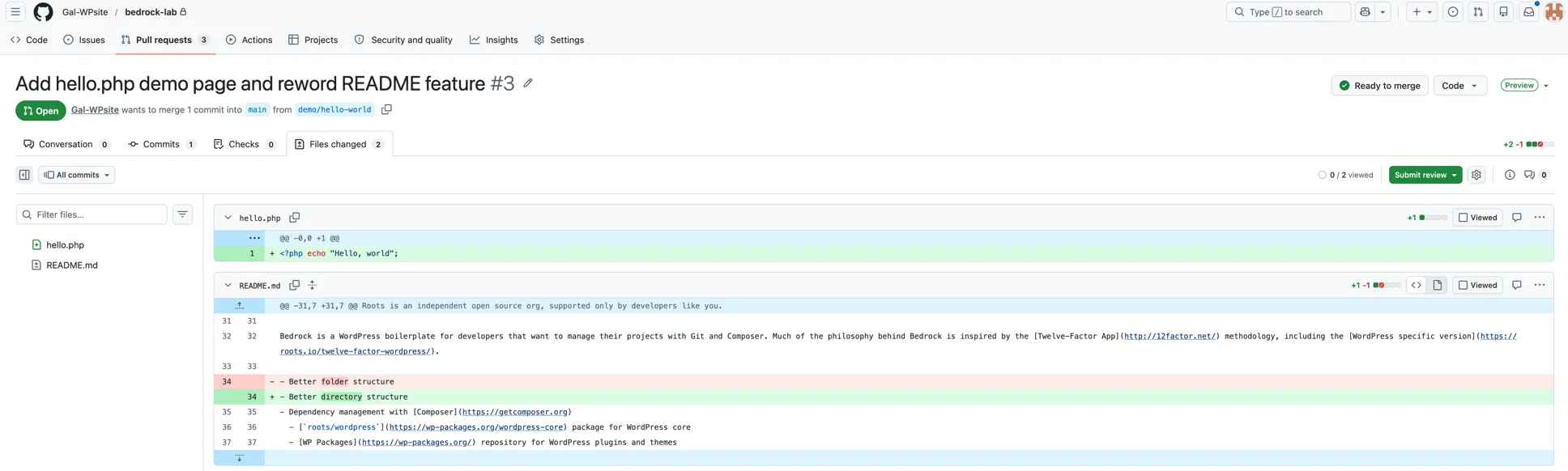 צילום מסך של עמוד Pull Request ב-GitHub בלשונית Files changed, עם diff בצבעי ירוק ואדום לפני המיזוג
